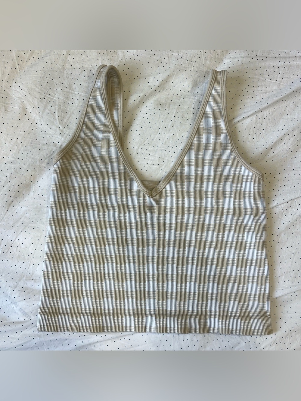 Gingham Ribbed V-Neck Tank Top in Beige and White